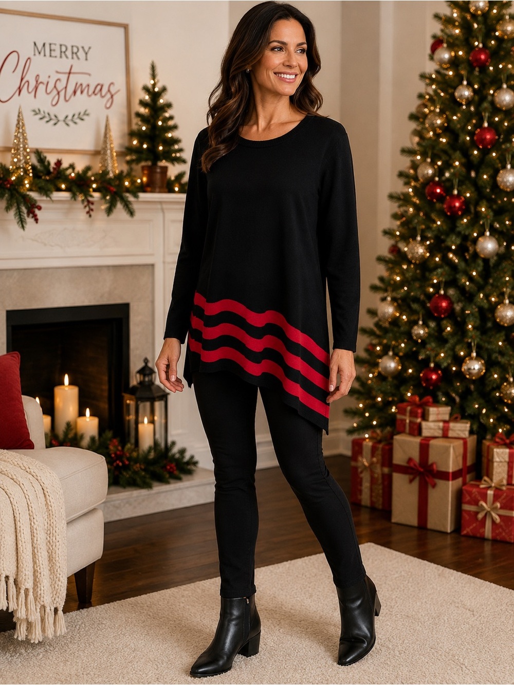 Cable & Gauge Black Red Asymmetrical Sweater Tunic L - Picture 2 of 5